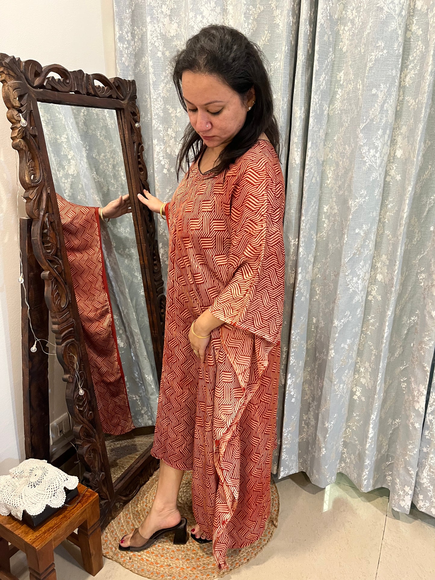Ajrakh Modal Silk Kaftan - Red