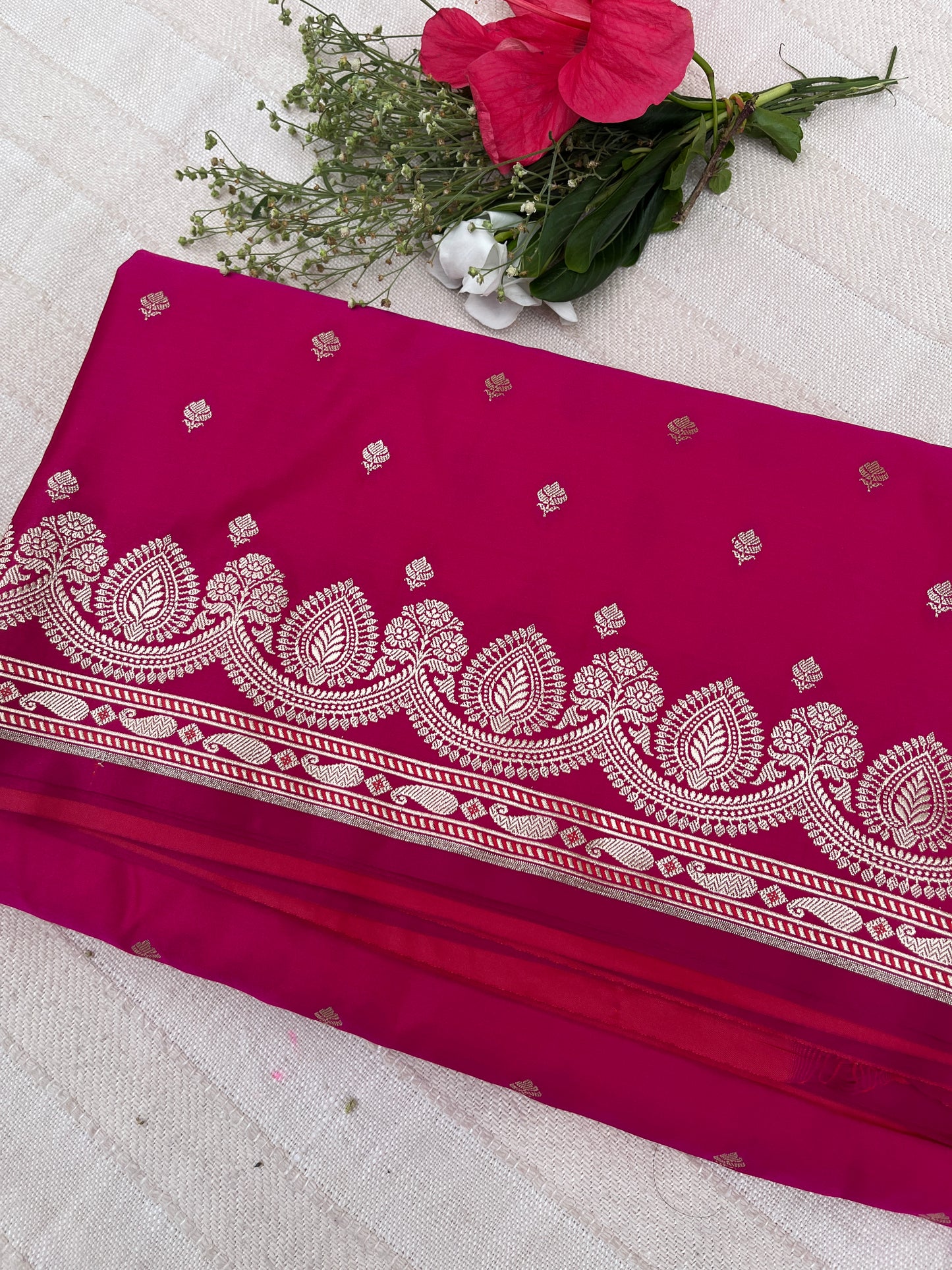 Banarasi Mashru Satin Silk Saree - Hot Pink