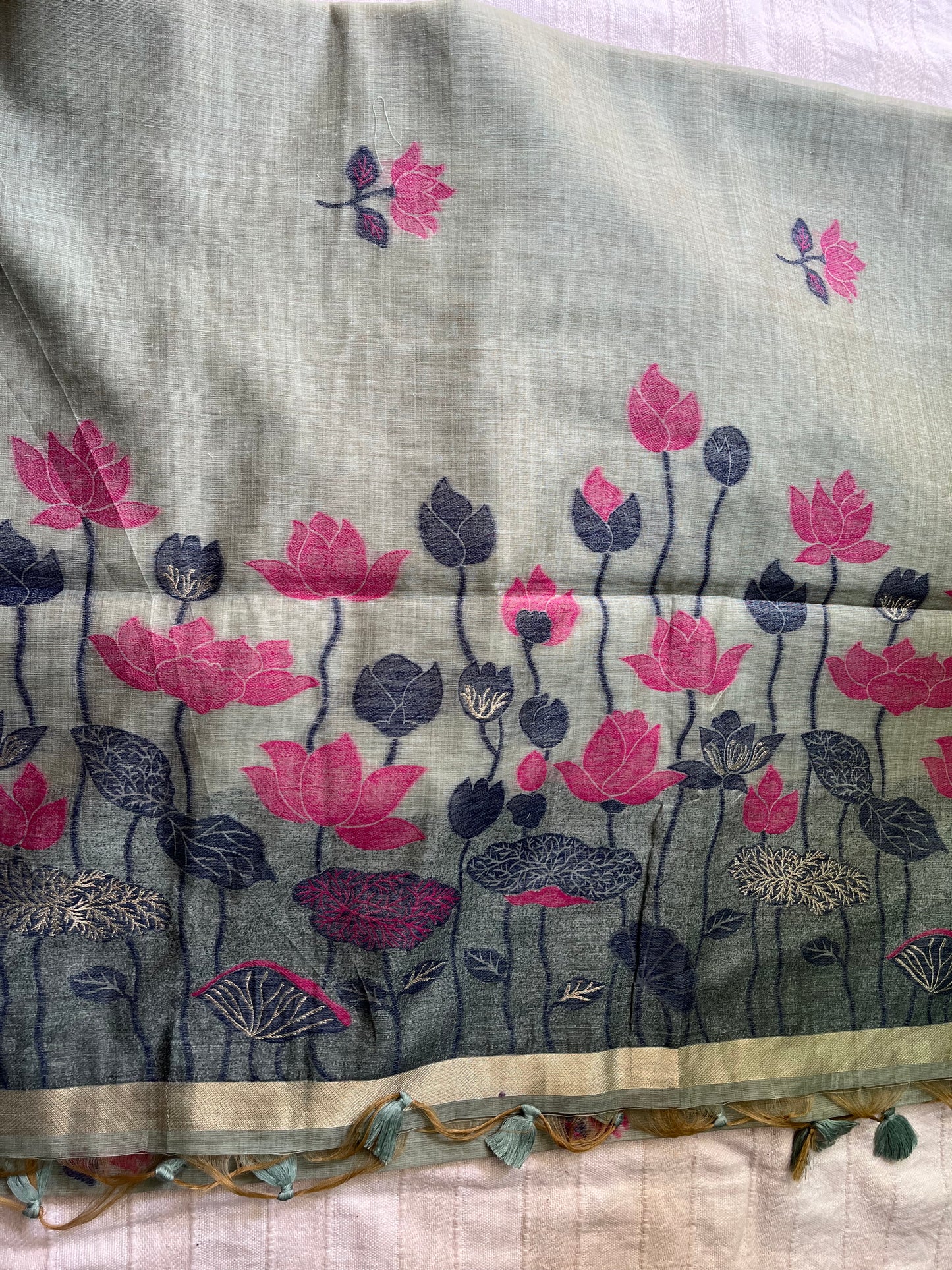 Chanderi Cotton Jamdani Saree - Sea Green Lotus Pond