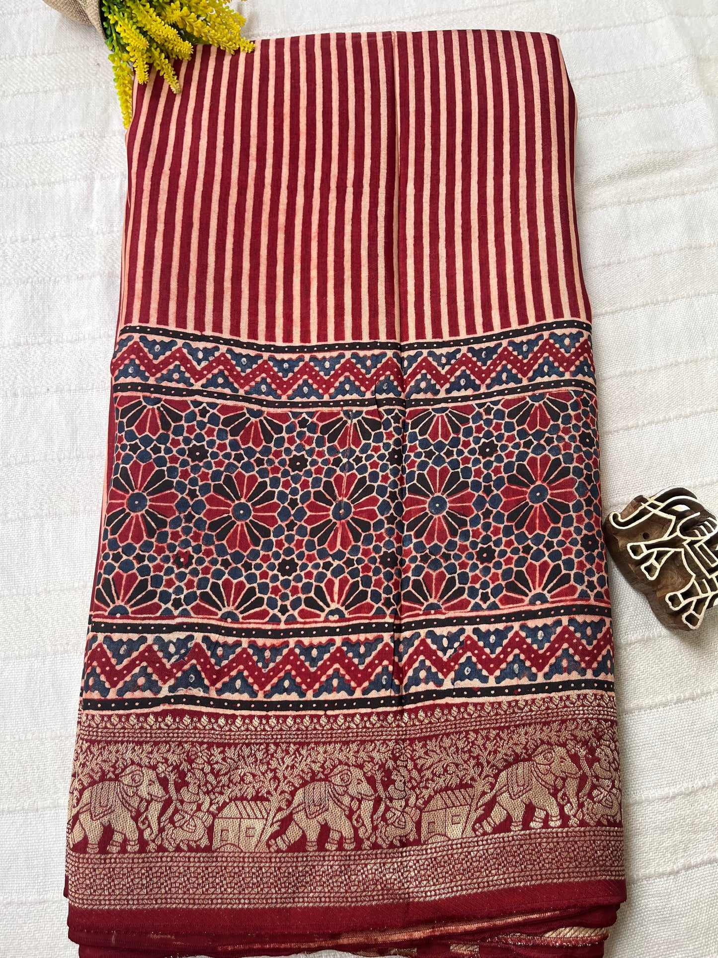 Ajrakh Dola Silk Saree - Contemporary Deep Red Stripes (with tassels)