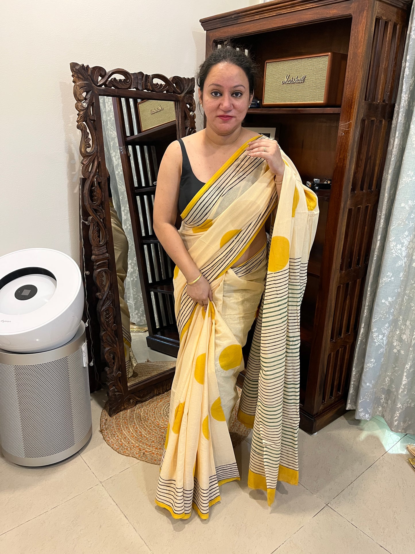 ‘Bindi Tales’ Handblock Mul Cotton Saree - Yellow on Off-white