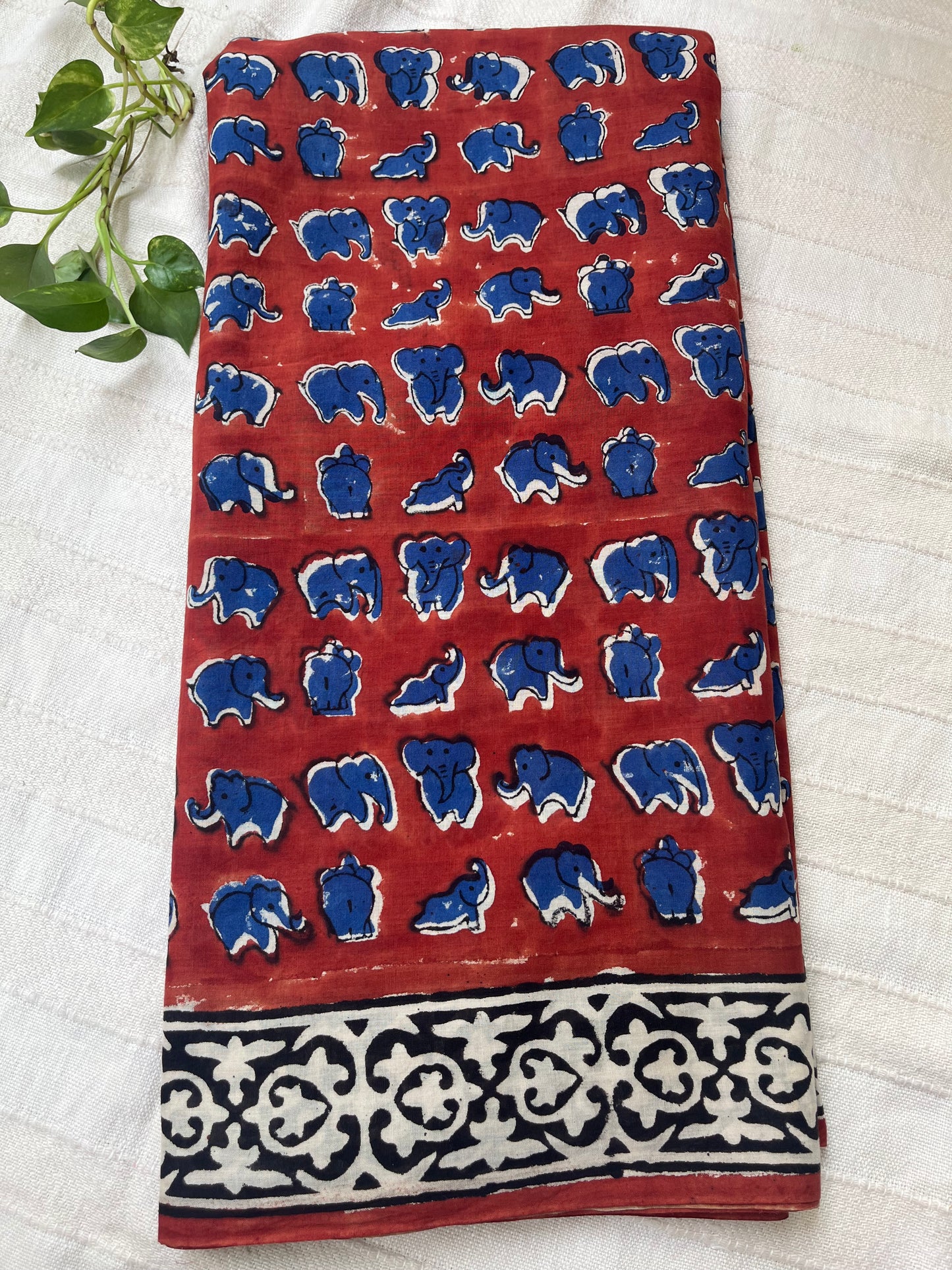 Quirky Elephant Handblock Mul Cotton Saree - Red-Blue