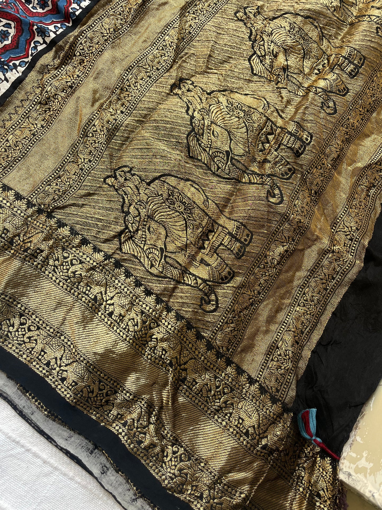 Contemporary Ajrakh Dola Silk Saree - Black Stripes (with tassels)