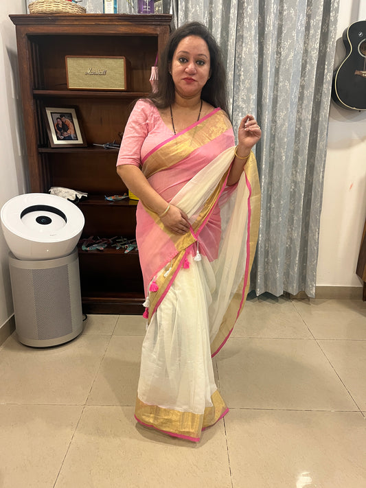Zari Mul Cotton Saree - Off-White and Pink (No Blouse piece)