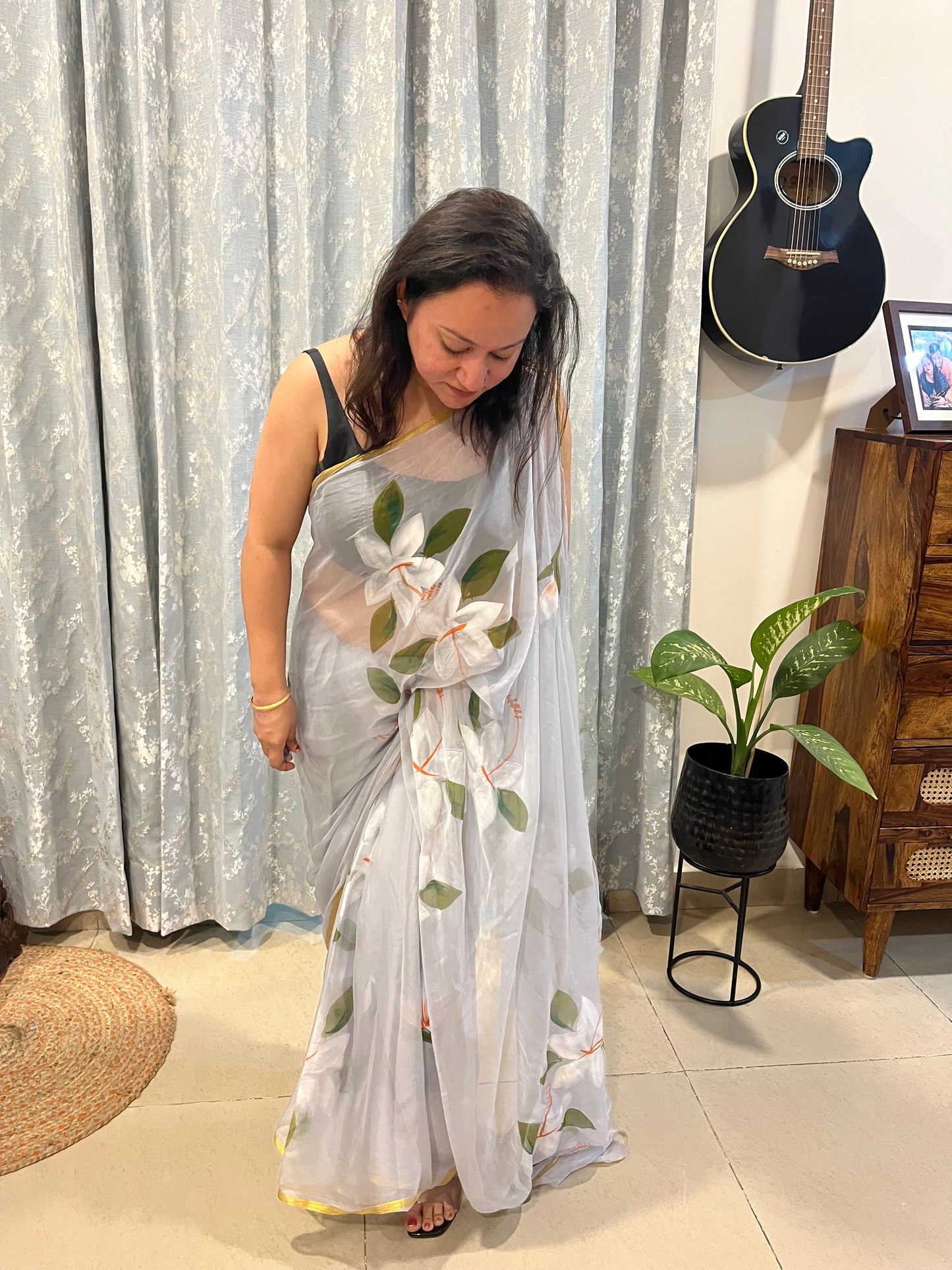 Hand-painted Chiffon Saree - Grey