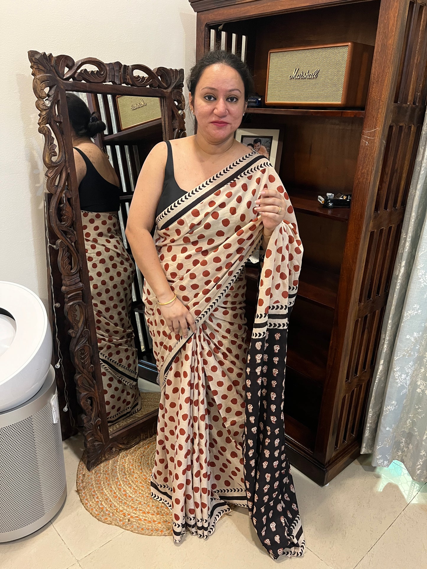 ‘Bindi Tales’ Handblock Mul Cotton Saree - Red Polka Dots