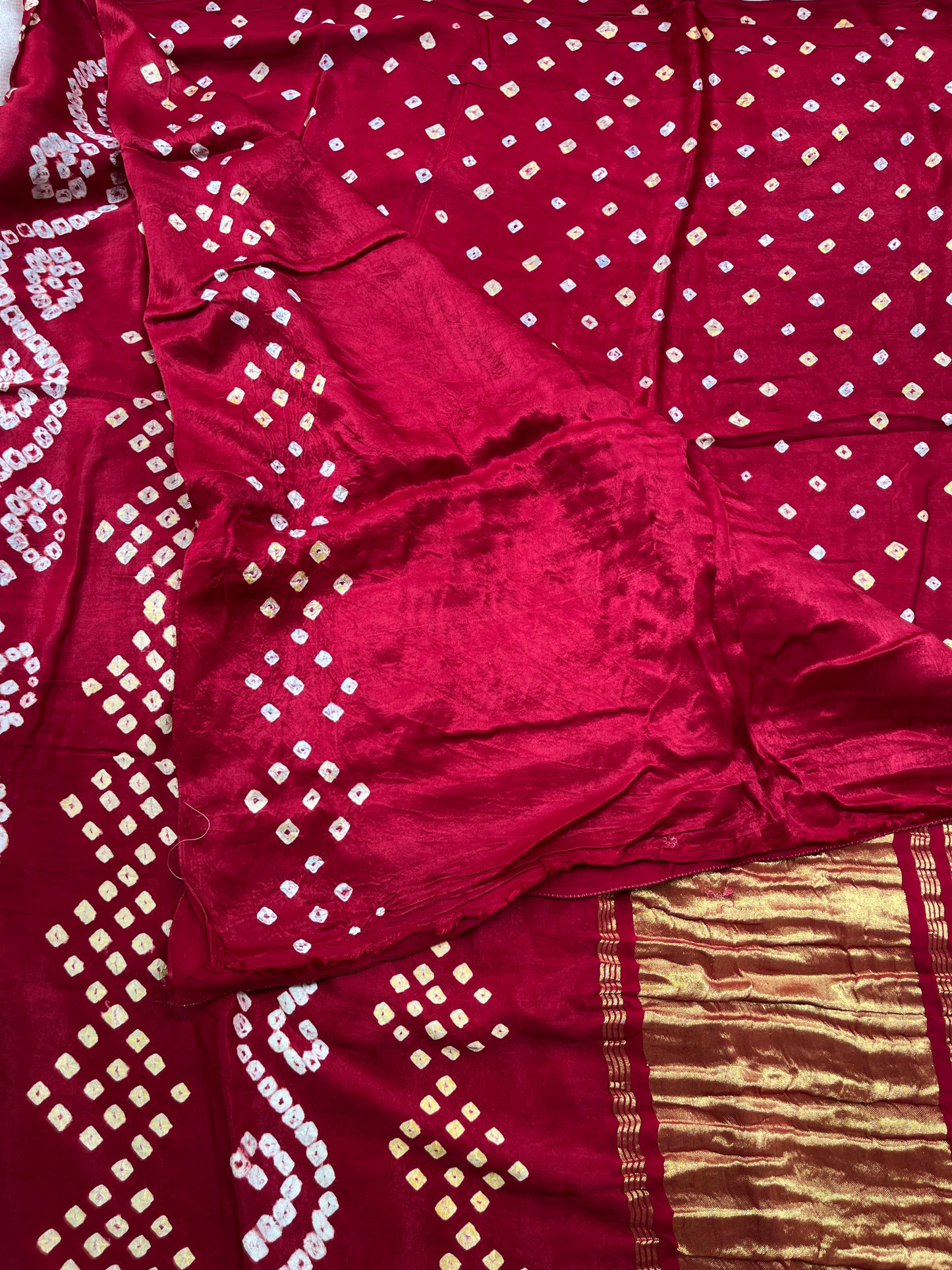 Bandhani Modal Silk saree with Tissue Palla - Deep Red with White Yellow Dot Bandhej