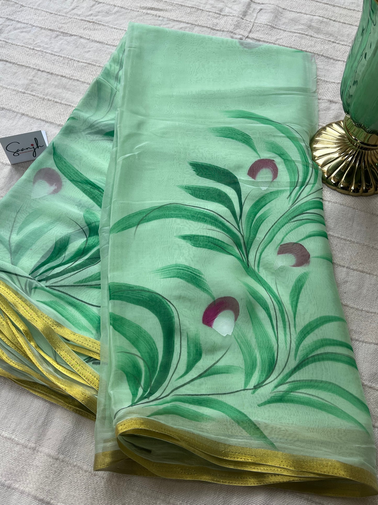 Hand-painted Chiffon Saree - Mint Green