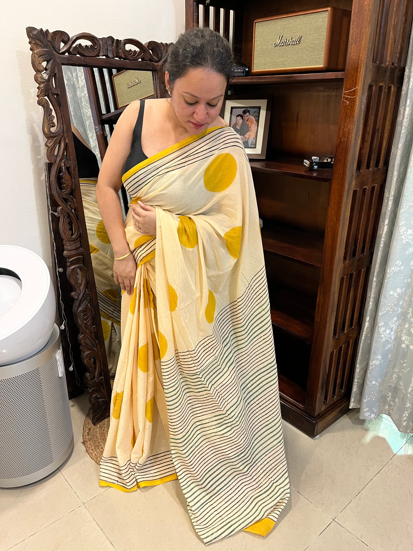 ‘Bindi Tales’ Handblock Mul Cotton Saree - Yellow on Off-white