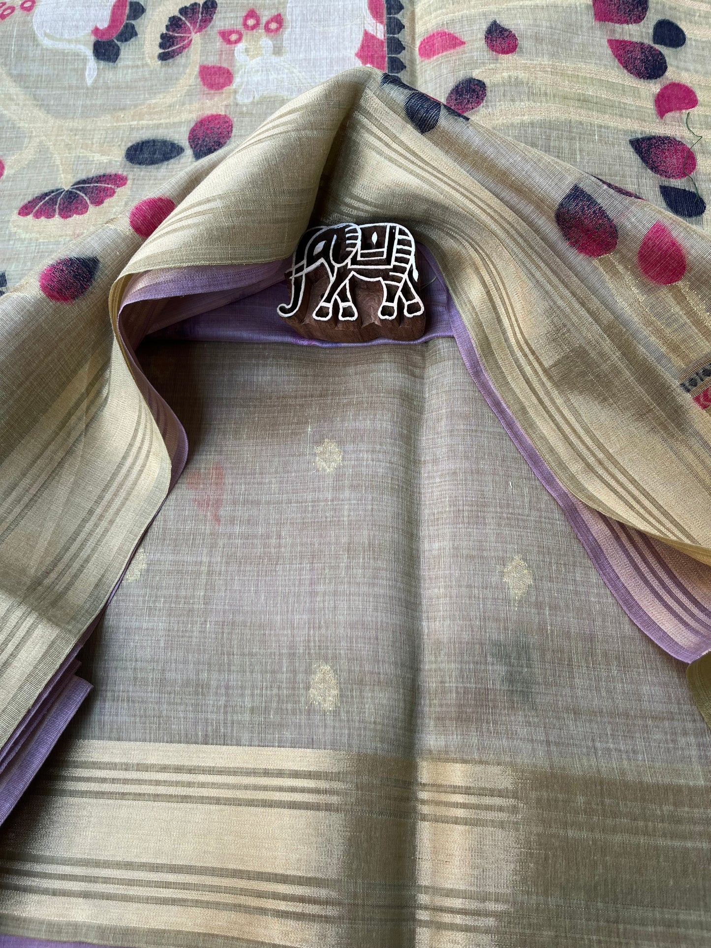 Chanderi Cotton Jamdani Saree - Lavender-Olive Green Pichwai