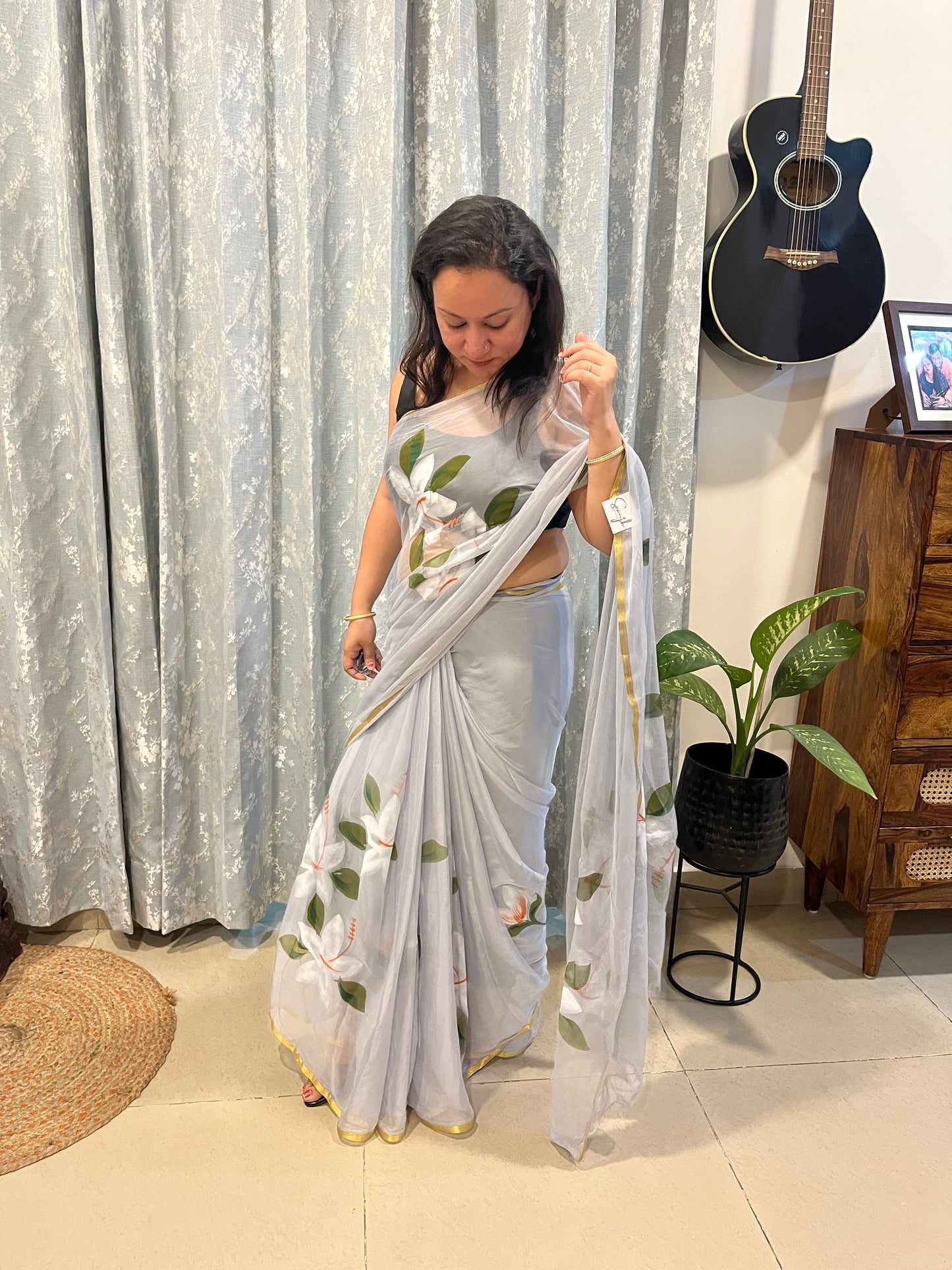 Hand-painted Chiffon Saree - Grey