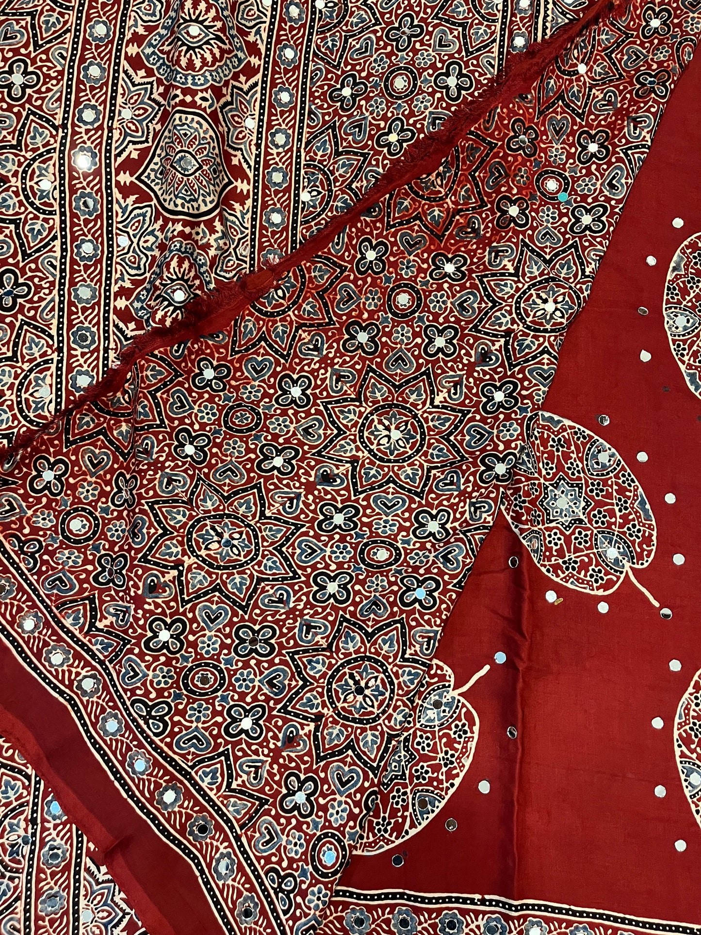 Ajrakh Modal Silk Saree with Mirror Work - Red Leaf Motifs