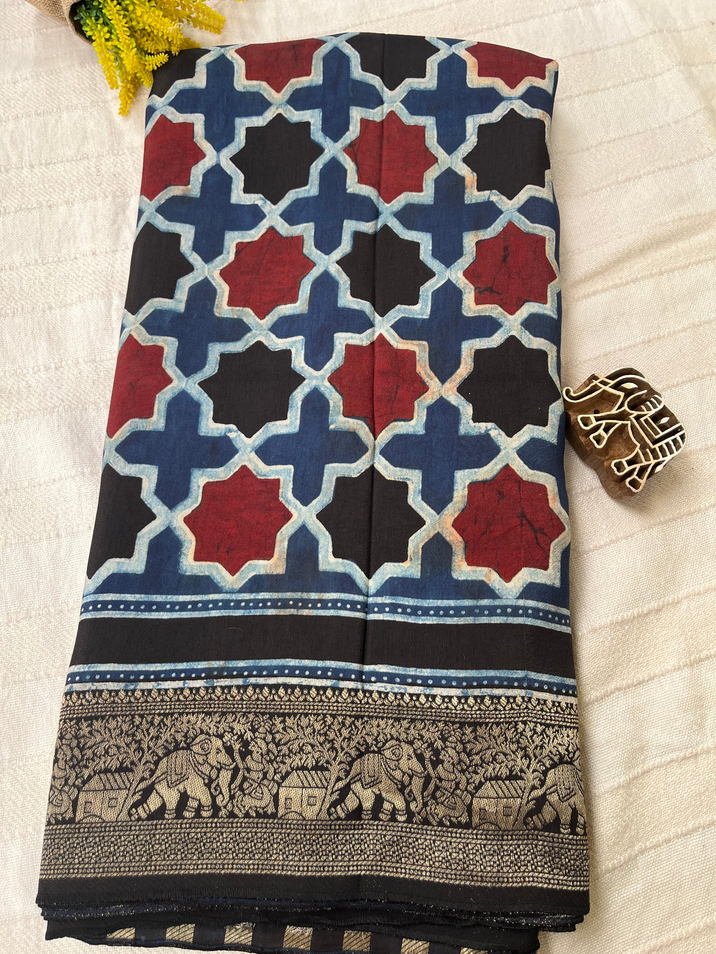 Ajrakh Dola Silk Saree - Indigo Cobra (with tassels)