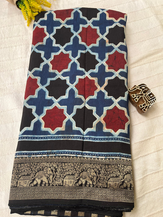 Ajrakh Dola Silk Saree - Indigo Cobra (with tassels)