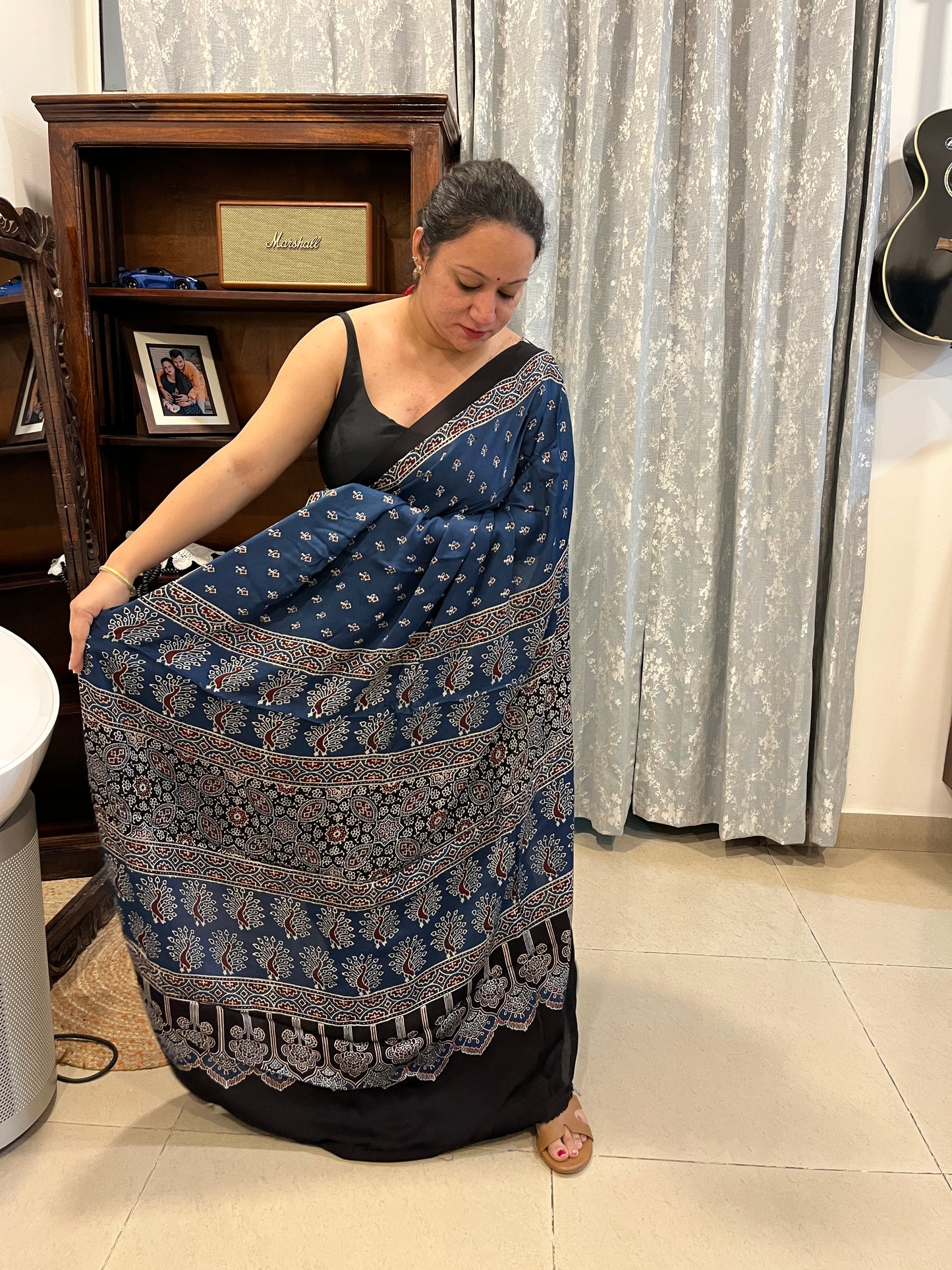 Ajrakh Modal Silk Saree - Indigo Small Buttis