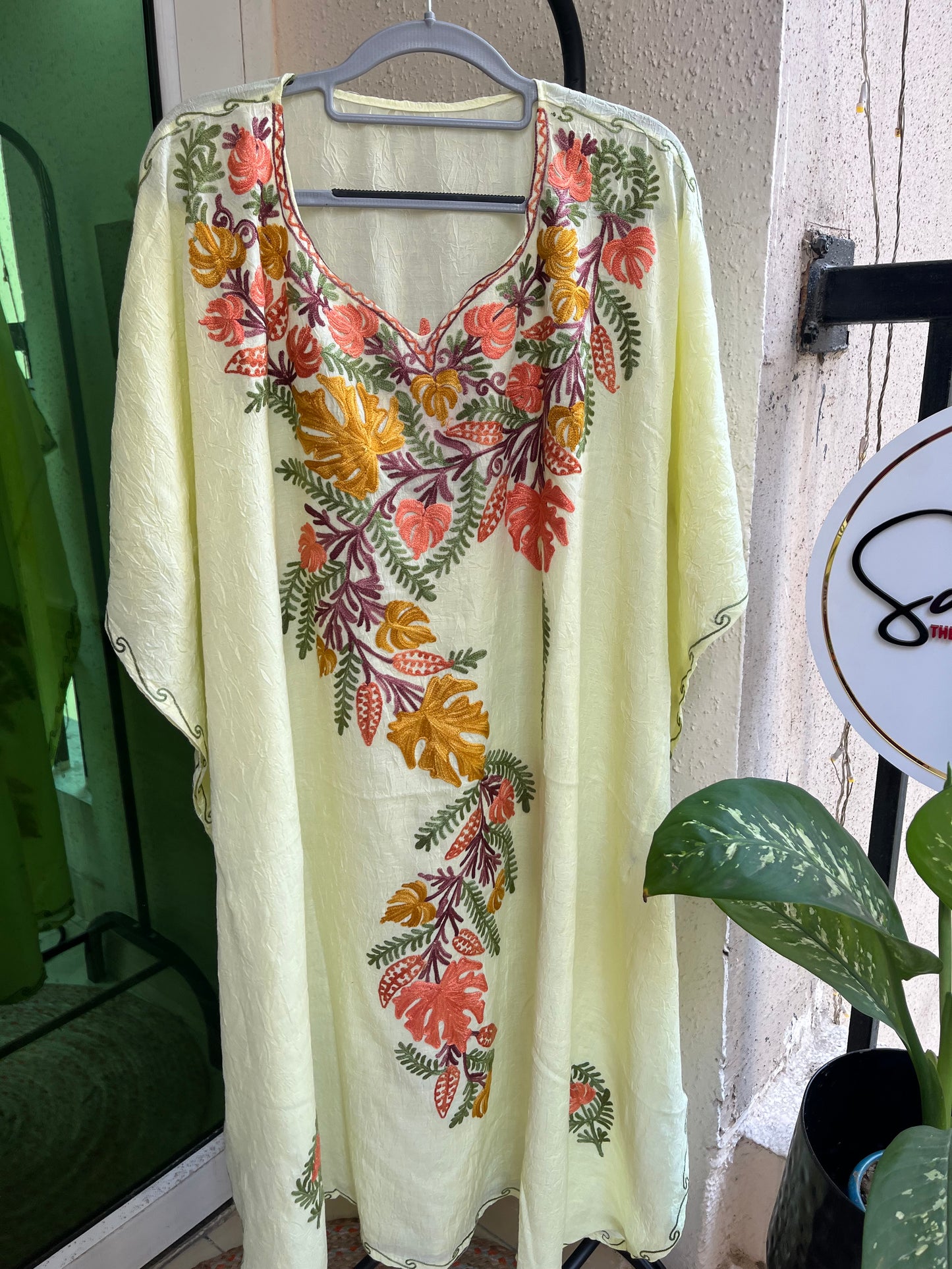 Crush Cotton Aariwork Kaftan - Lemon