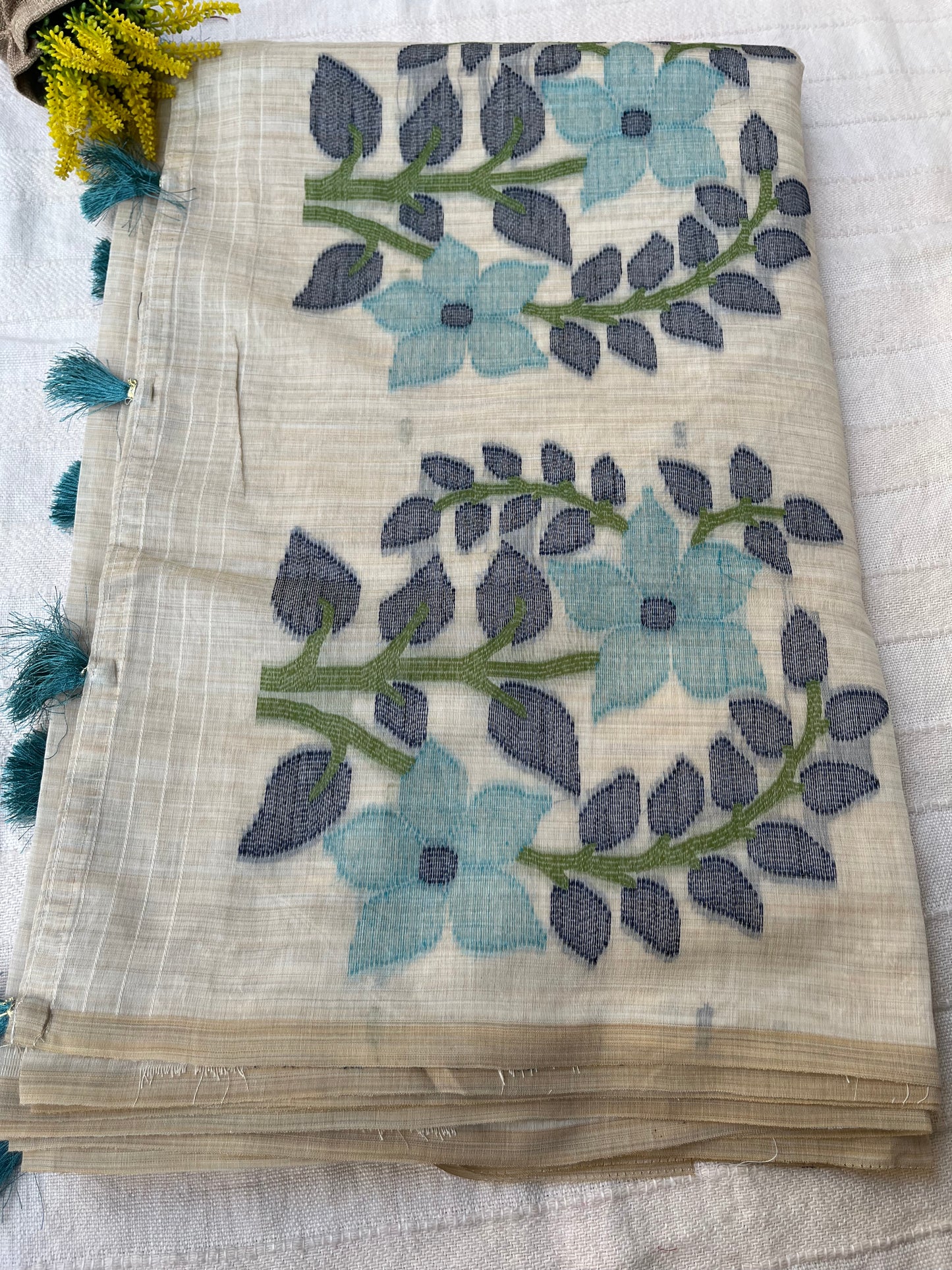 Chanderi Cotton Jamdani Saree - Ivory-Sky Blue Flower Weaving
