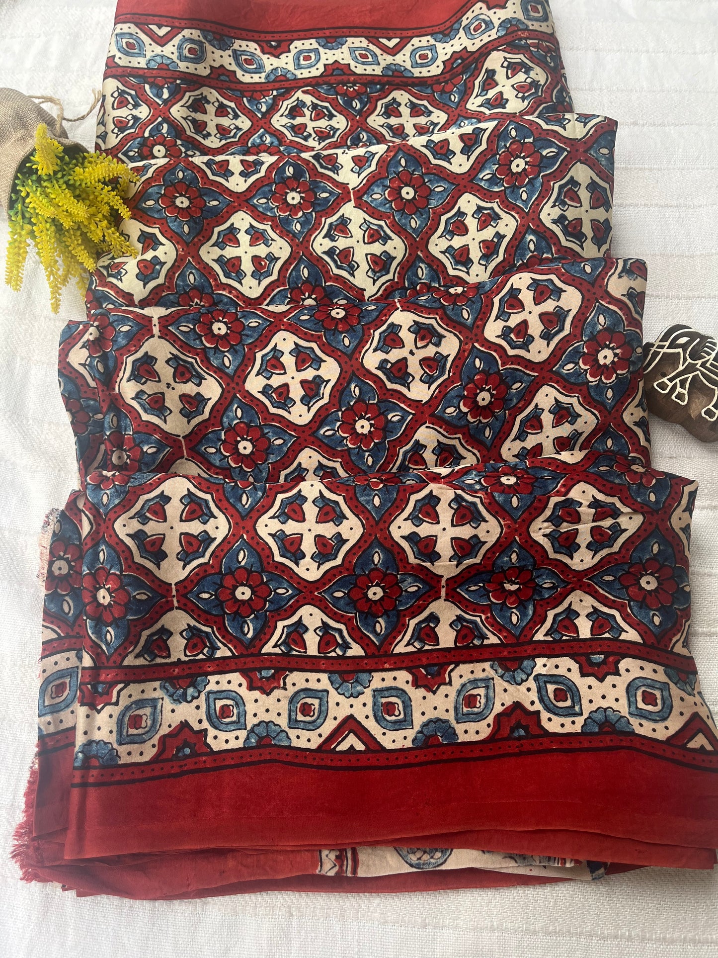 Ajrakh Modal Silk Saree - Beige Red