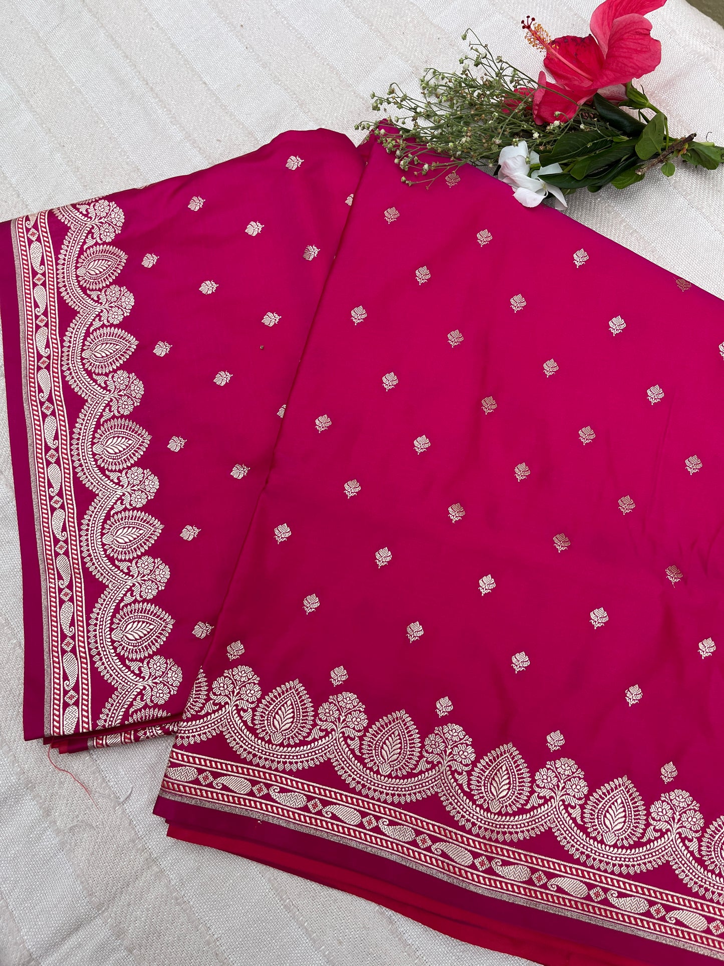 Banarasi Mashru Satin Silk Saree - Hot Pink