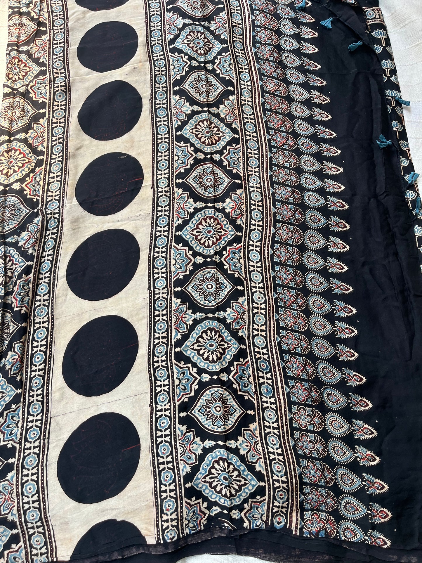 Ajrakh Modal Silk Saree - Black Lotus Motifs (with tasssels)