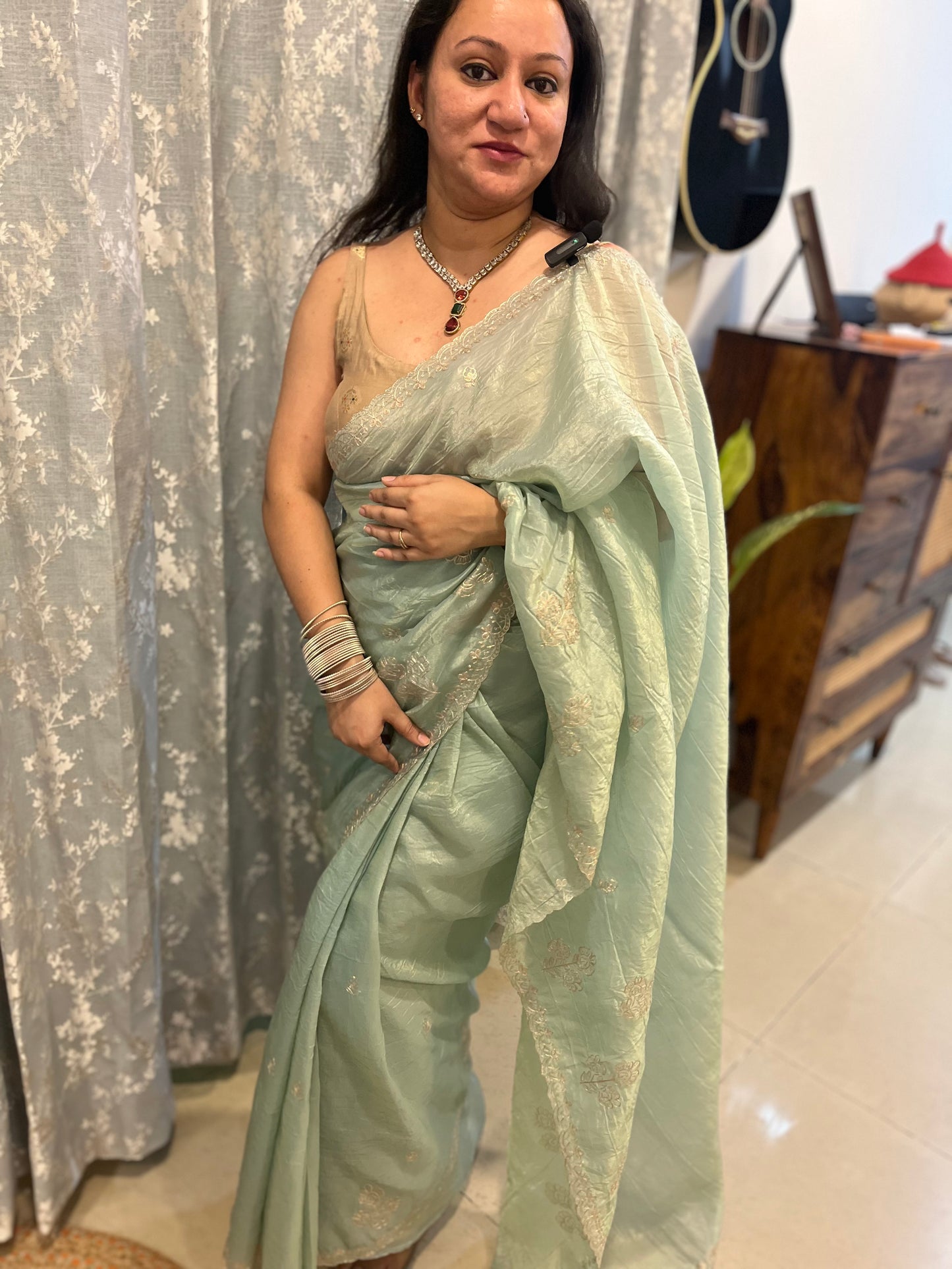 Pitta Work Crepe Tissue Saree - Sea Green