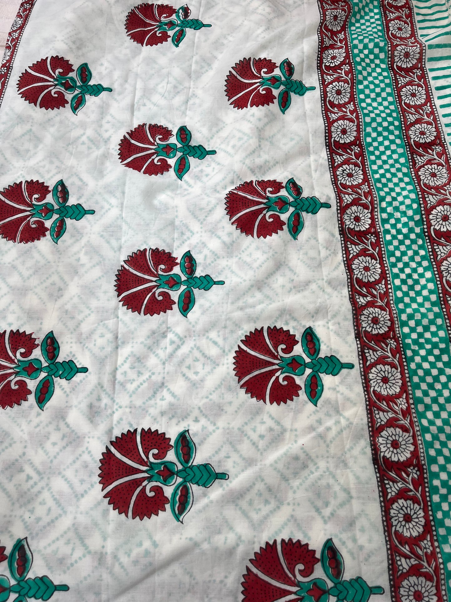 Lotus Handblock Mul Cotton Saree - White
