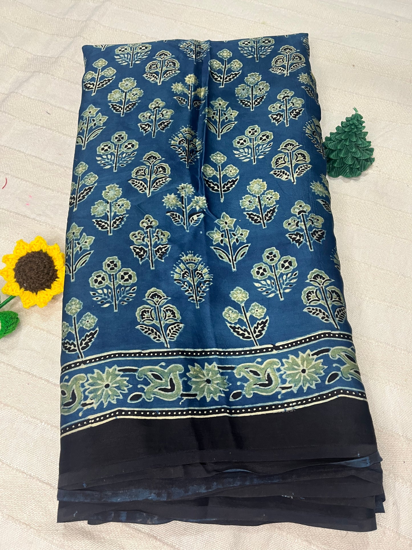 Ajrakh Modal Silk Saree - Indigo-Green