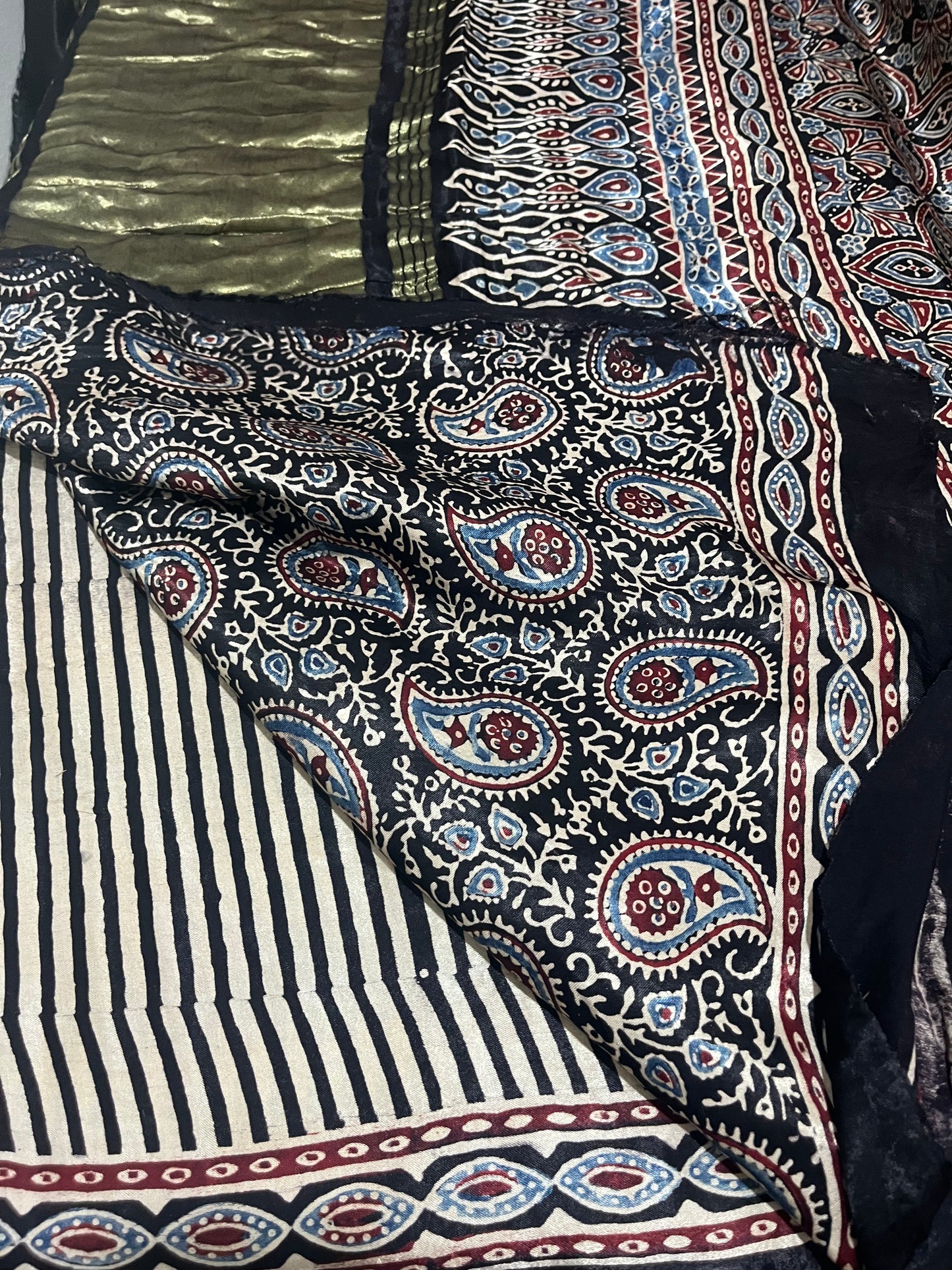 Ajrakh Modal Silk Saree with Tissue Palla - Black Stripes