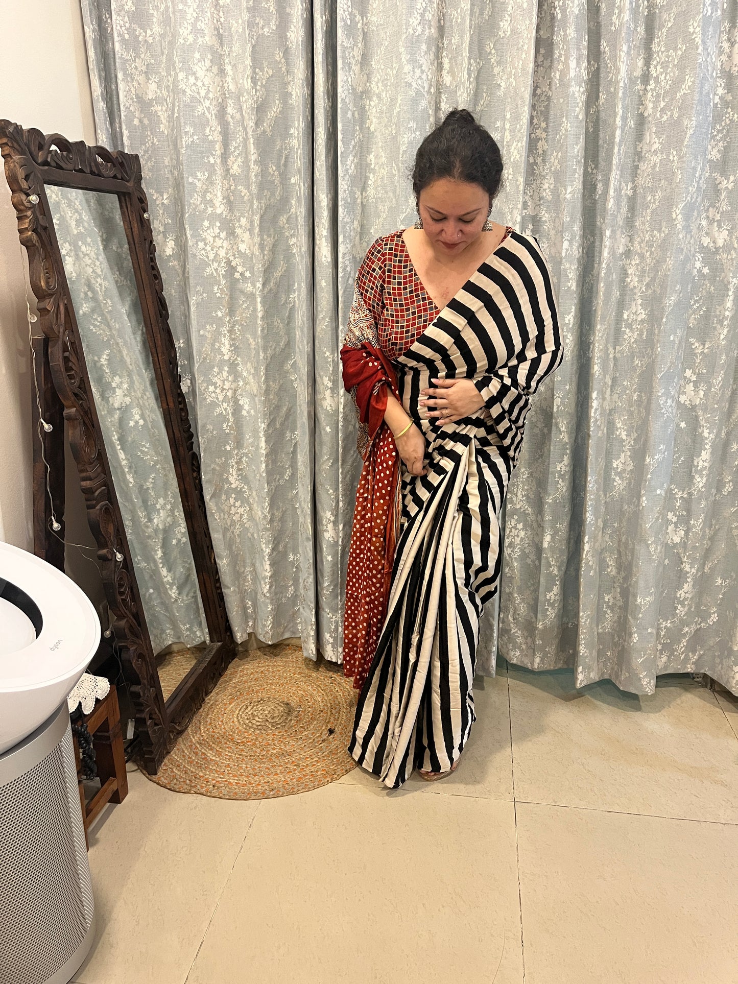 Contemporary Ajrakh Modal Silk Saree - Black Stripes with Red Palla
