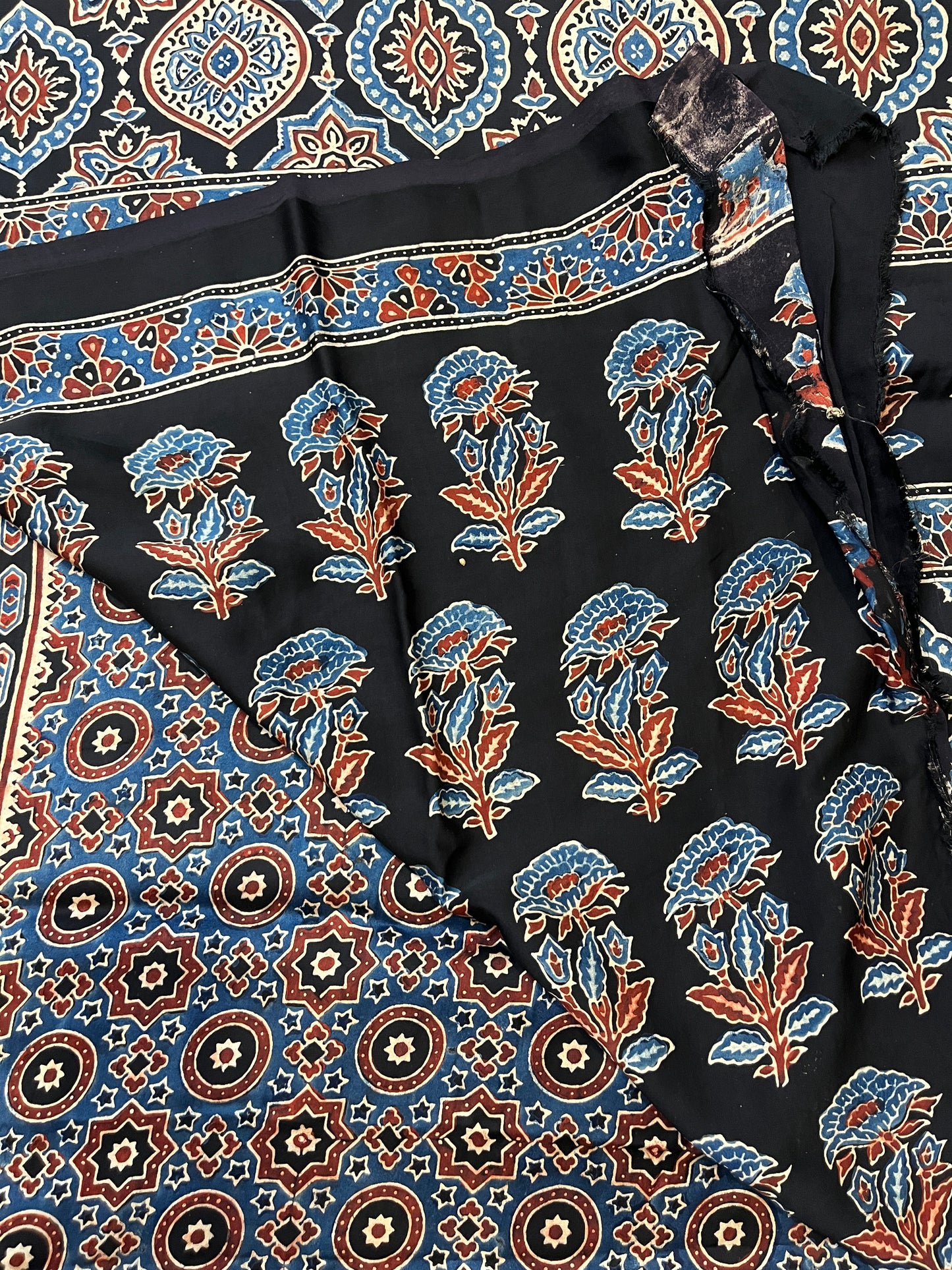 Classic Ajrakh Modal Silk Saree - Indigo-Black