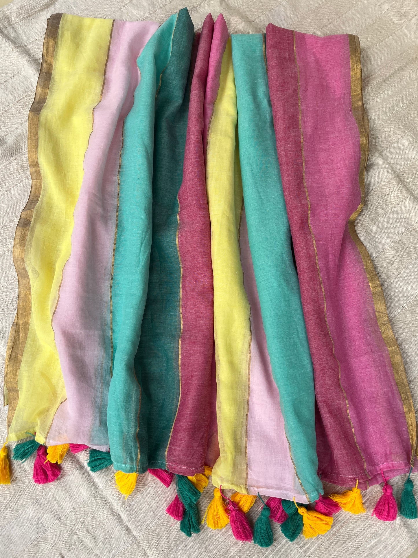 Multicolour Zari Stripes Mul Cotton Saree (No Blouse piece)