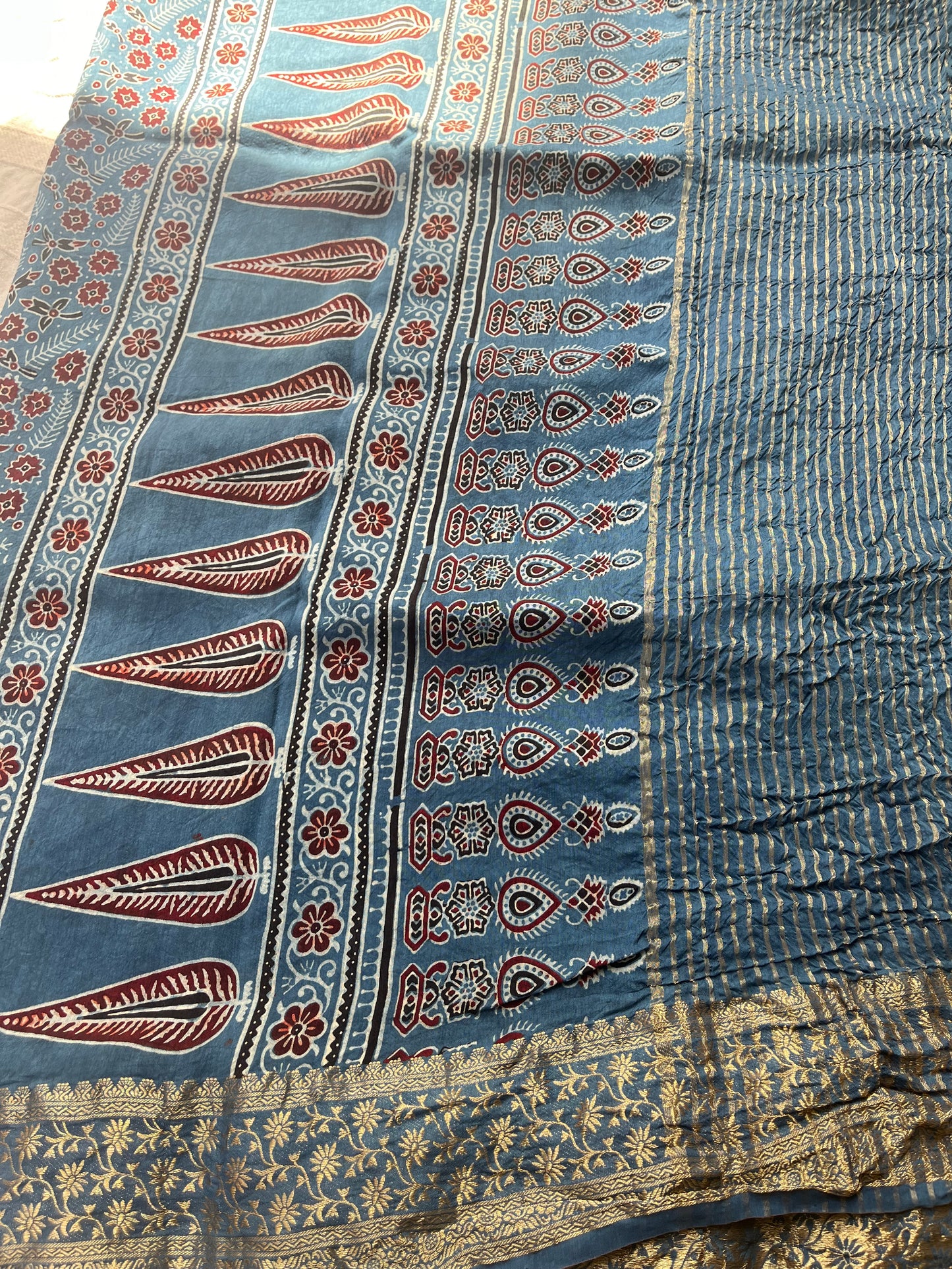Indigo Ajrakh Dola Silk Saree - Stripes and Badam Block
