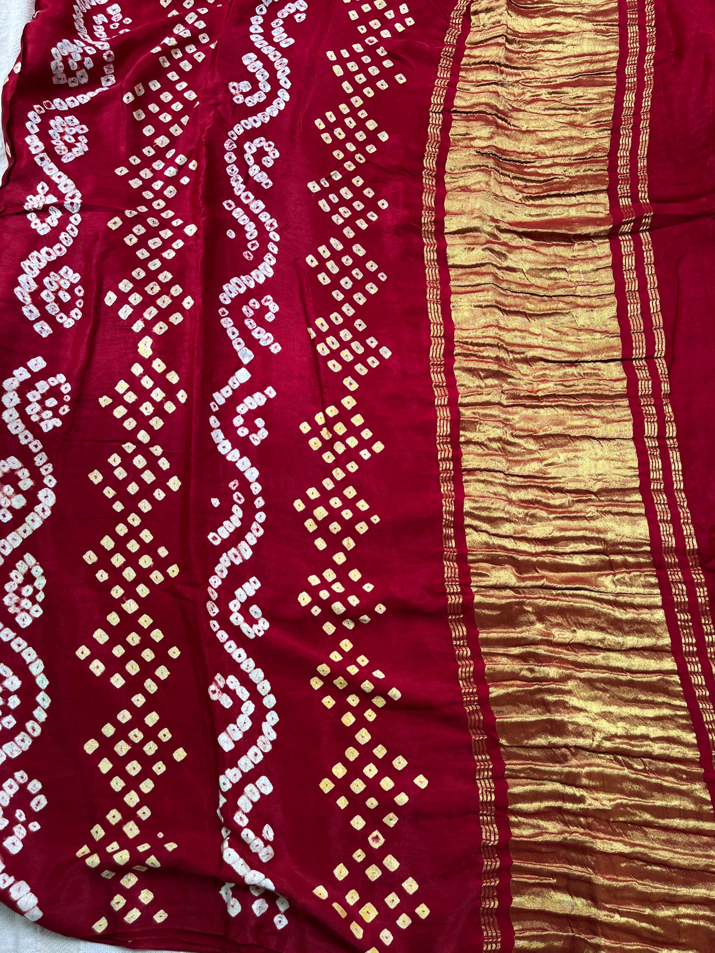Bandhani Modal Silk saree with Tissue Palla - Deep Red with White Yellow Dot Bandhej