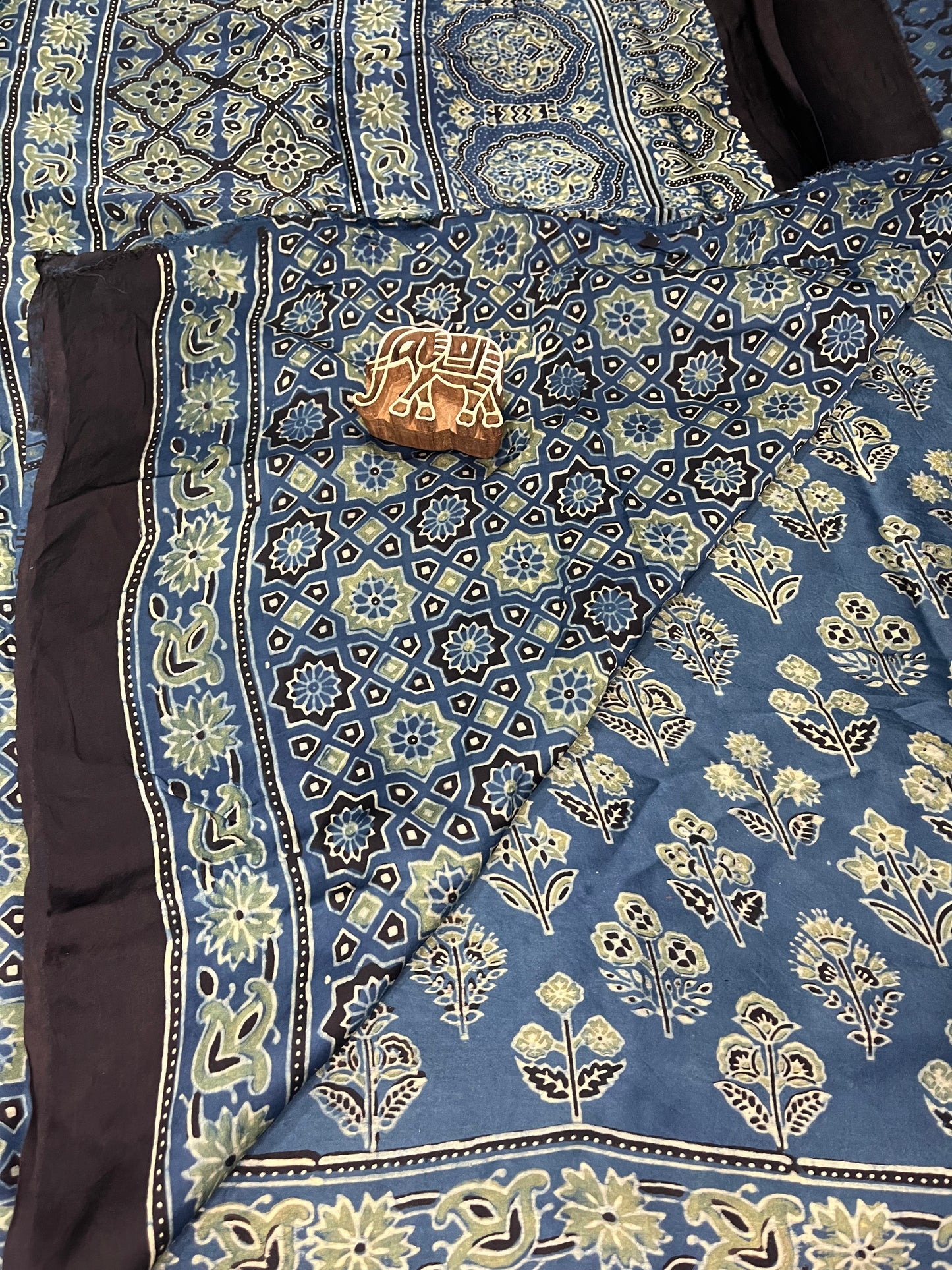Ajrakh Modal Silk Saree - Indigo-Green