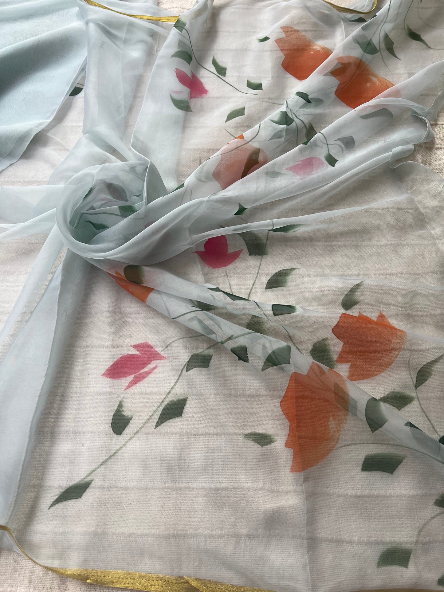 Hand-painted Chiffon Saree - Ice Blue