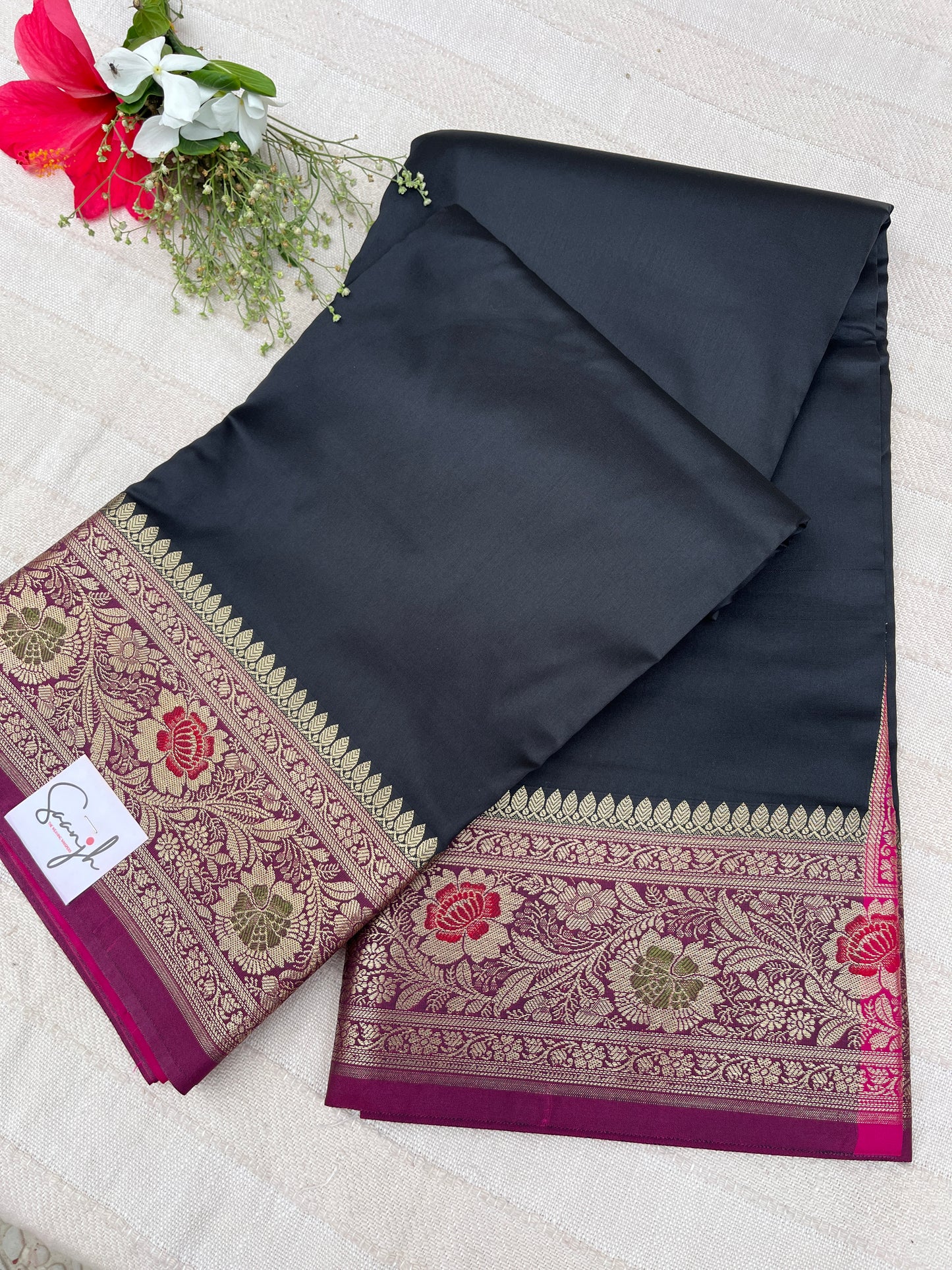 Banarasi Soft Silk Saree - Black-Pink