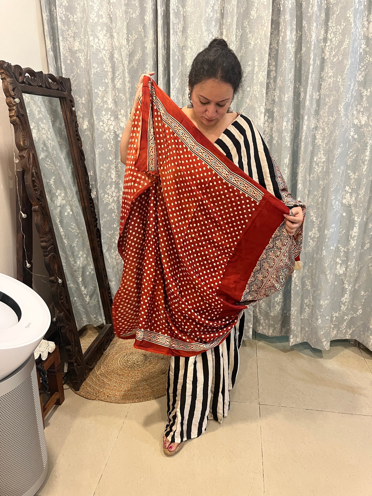 Contemporary Ajrakh Modal Silk Saree - Black Stripes with Red Palla