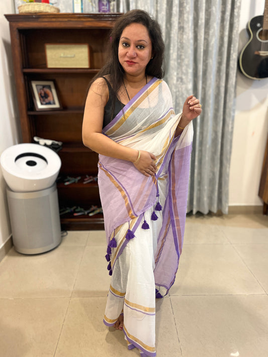 Zari Mul Cotton Saree - White with Purple Border & Pallu (No Blouse piece)