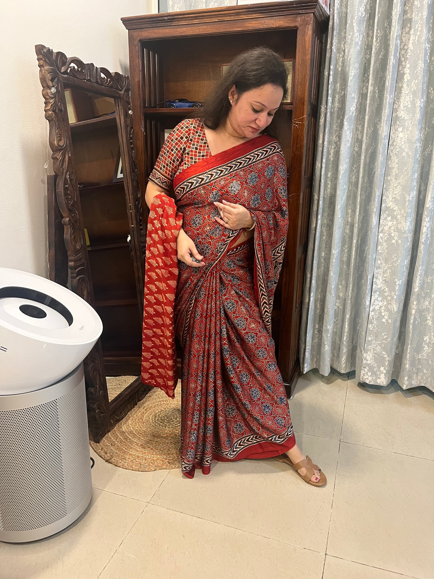 Ajrakh Modal Silk Saree - Classic Red