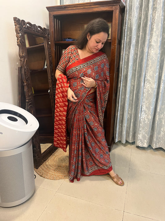 Ajrakh Modal Silk Saree - Classic Red