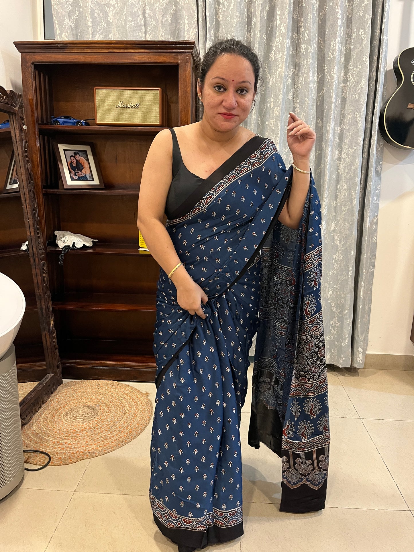 Ajrakh Modal Silk Saree - Indigo Small Buttis