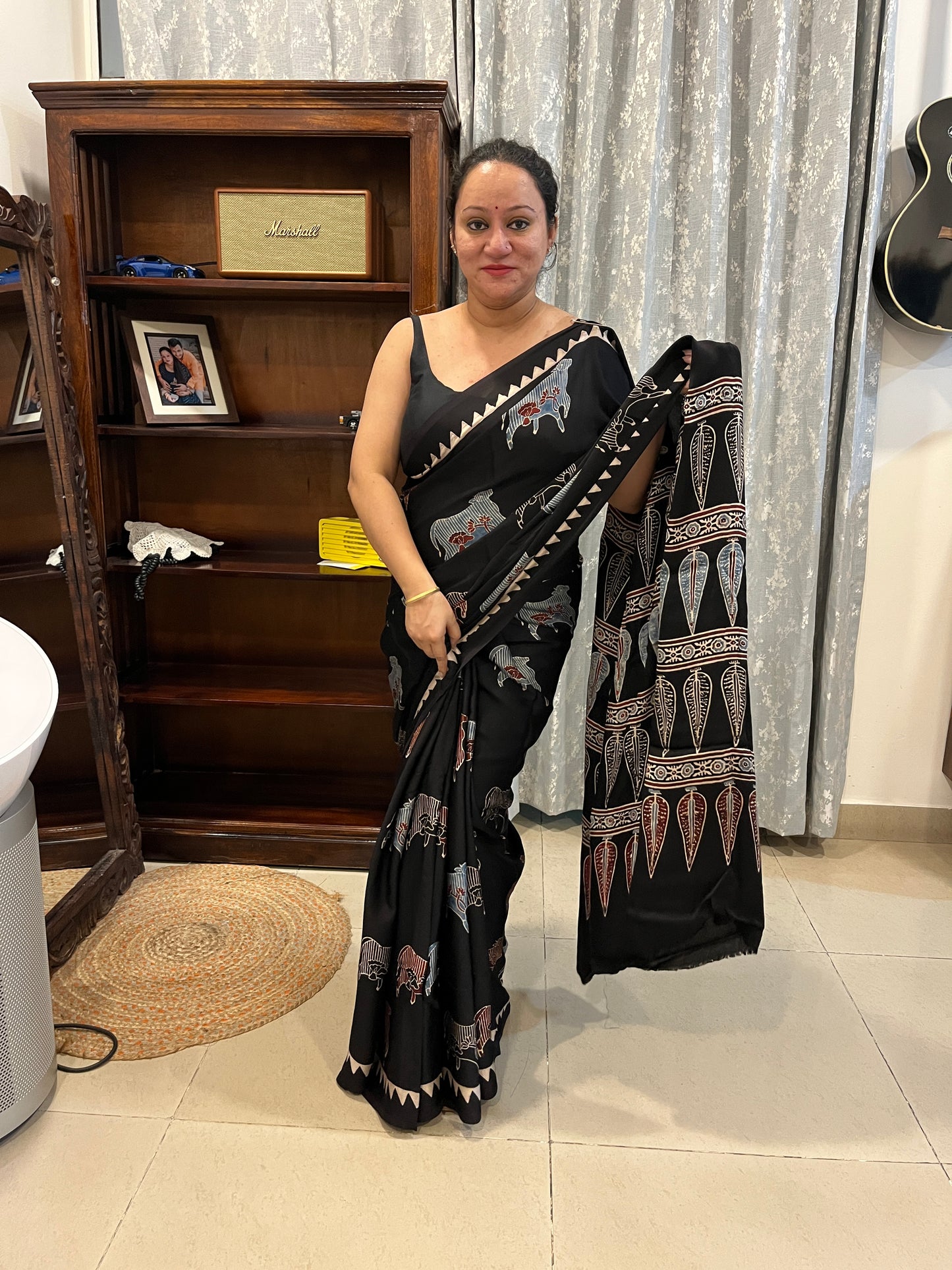 Pichwai Print Modal Silk Saree - Black