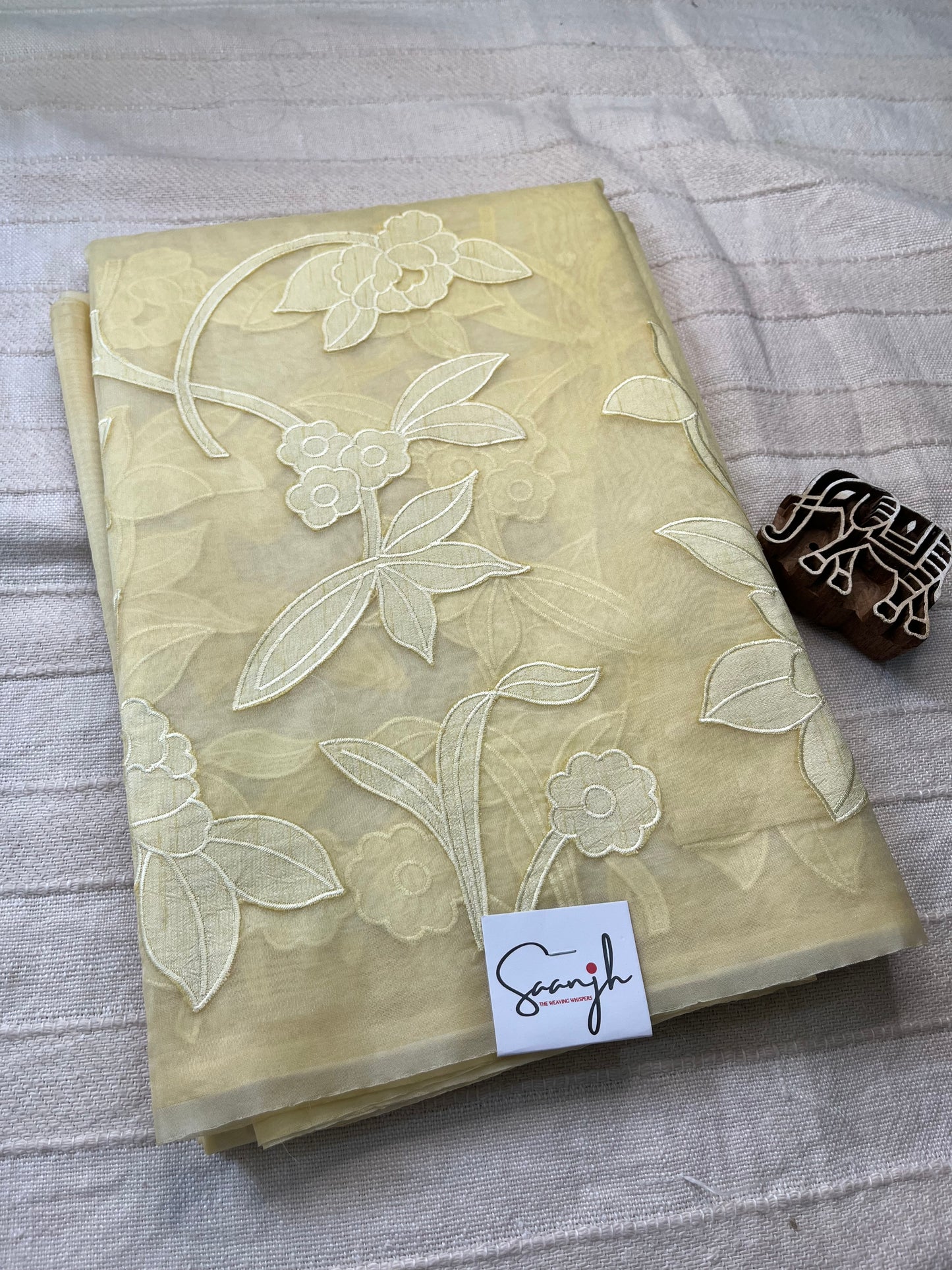 Pure Organza Applique Work Saree - Lemon