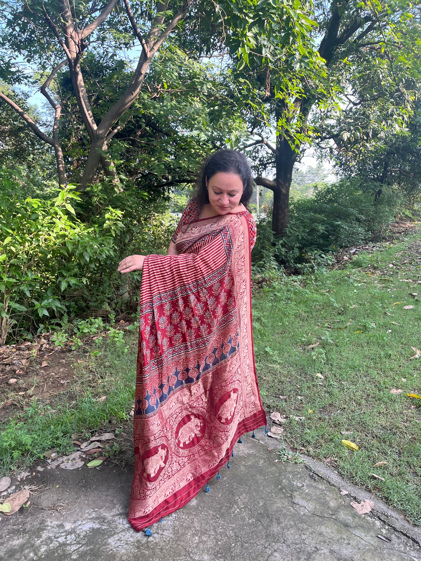 Ajrakh Dola Silk Saree - Contemporary Deep Red Stripes (with tassels)