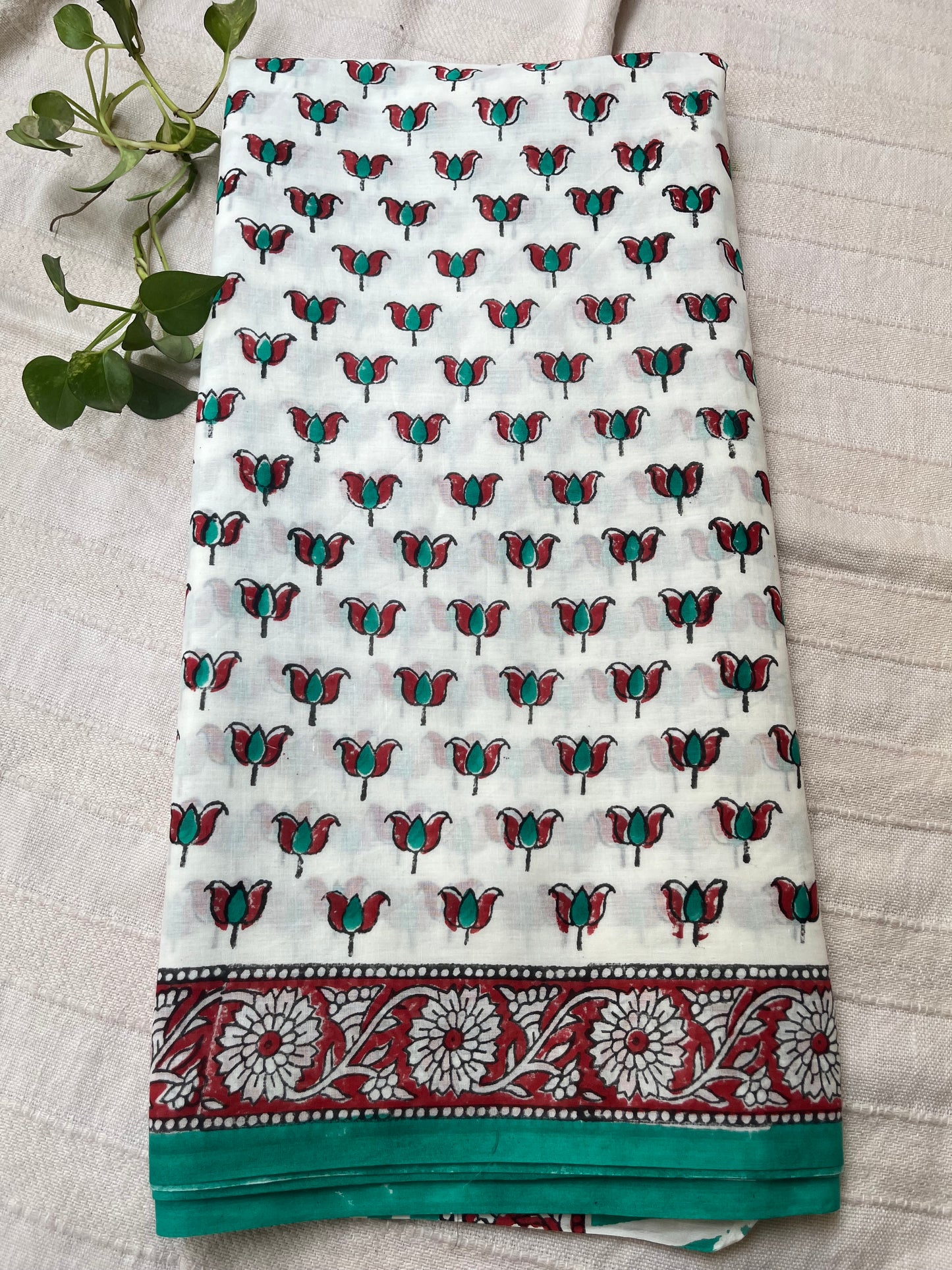 Lotus Handblock Mul Cotton Saree - White