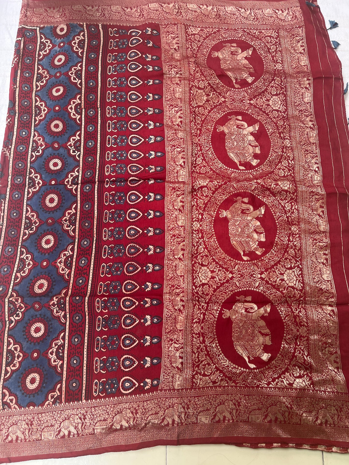 Ajrakh Dola Silk Saree - Deep Red Flower (with tassels)