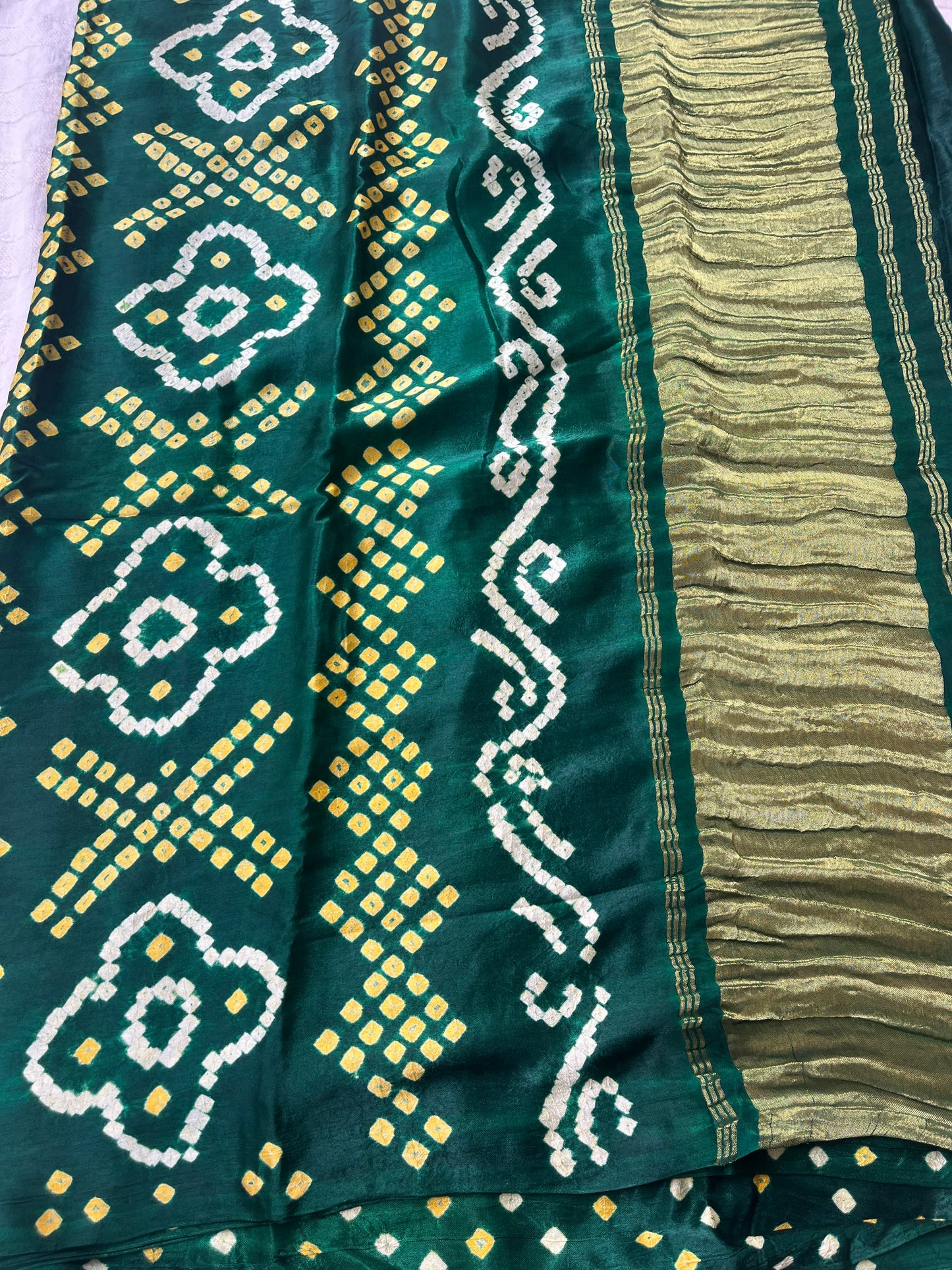 Bandhani Modal Silk saree with Tissue Palla - Bottle Green with White Yellow Bandhej
