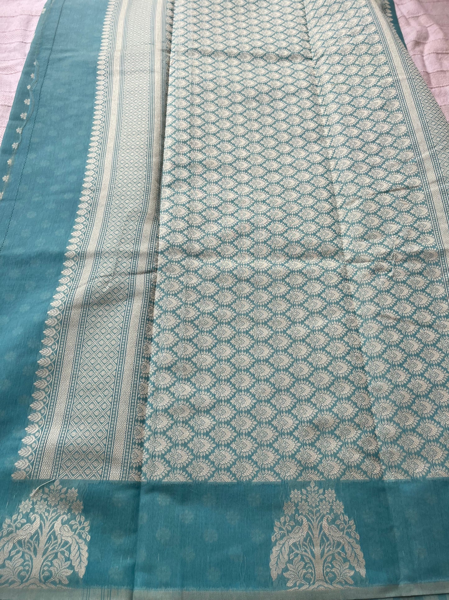 Mercerised Cotton Saree with Dear & Peacock Weaving - Aqua Blue