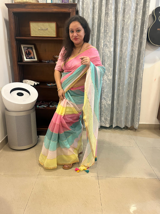 Multicolour Zari Stripes Mul Cotton Saree (No Blouse piece)