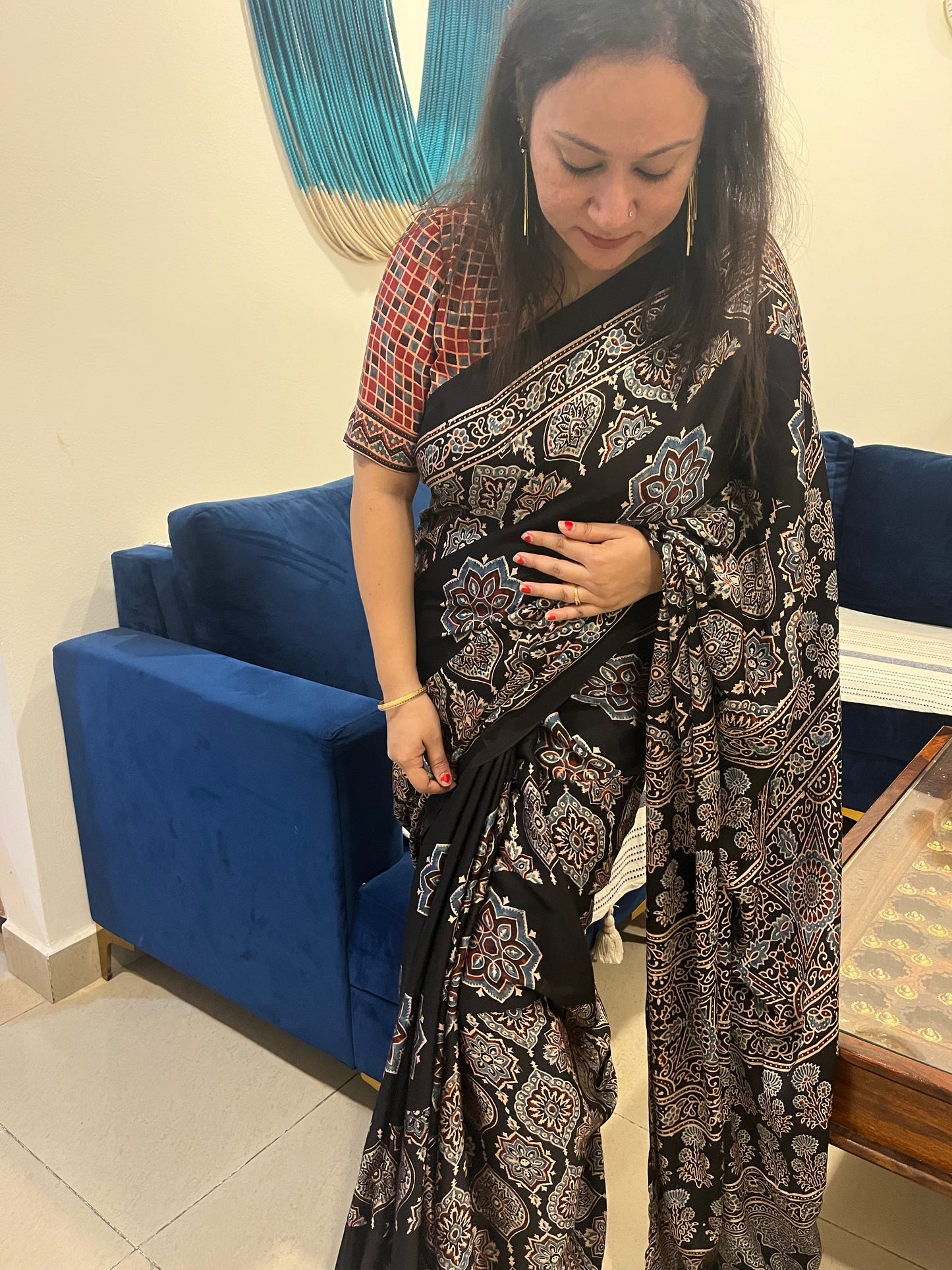 Contemporary Ajrakh Modal Silk Saree - Black Badam Butta